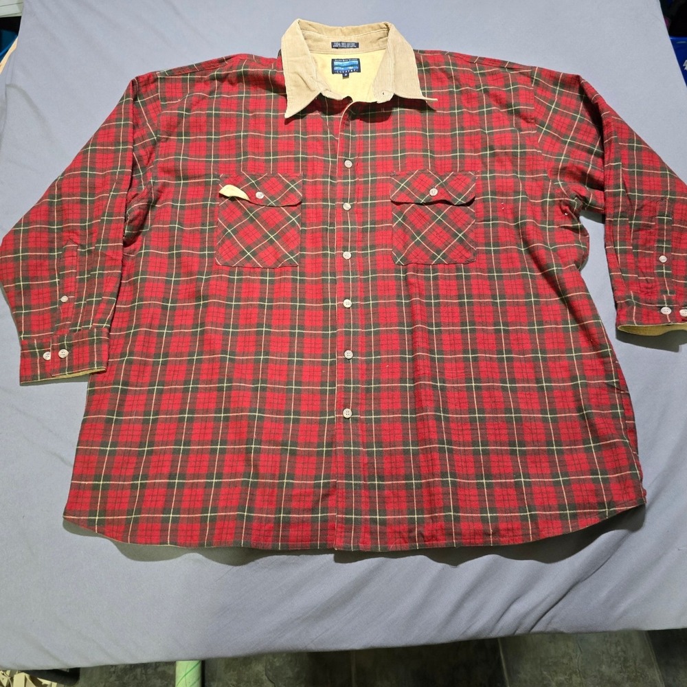 Salmon River Traders Flannel Shirt Mens 2X Big Red Plaid Corduroy Collar